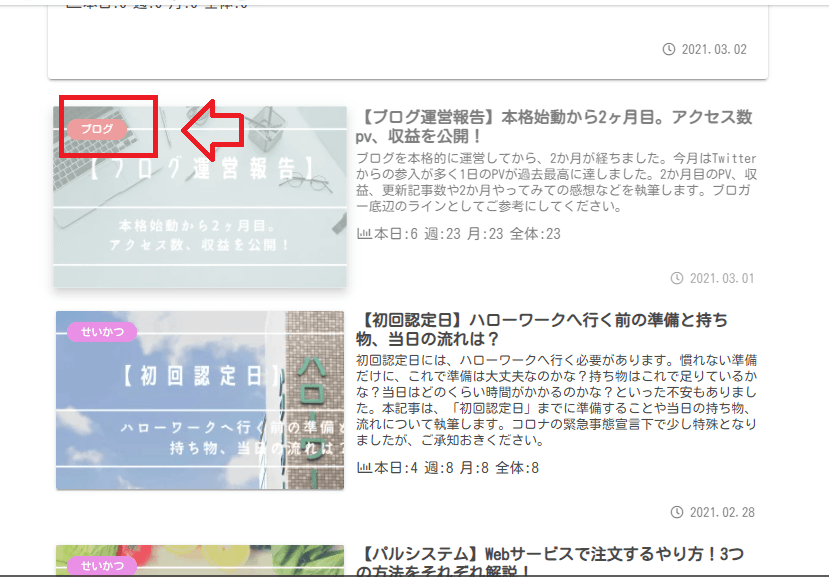 アイキャッチ画像の上にカテゴリ表示されるイメージ