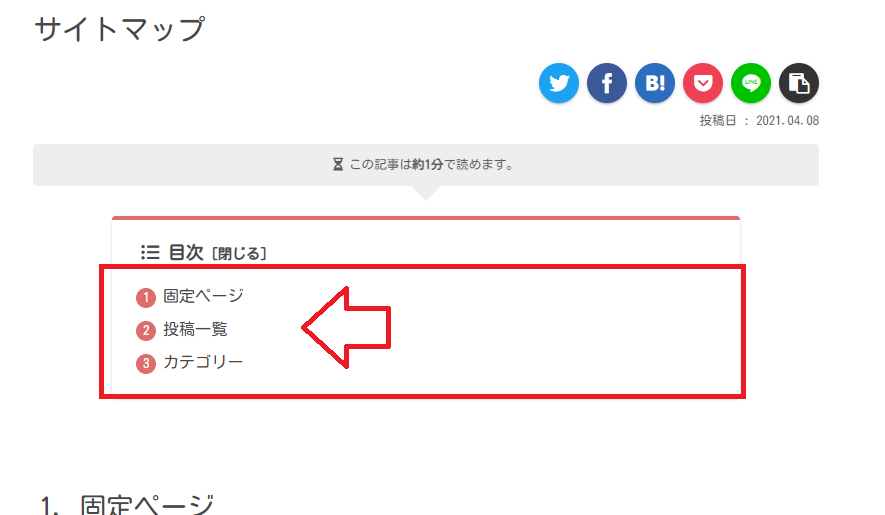 固定ページ、投稿(記事)一覧、カテゴリーが表示