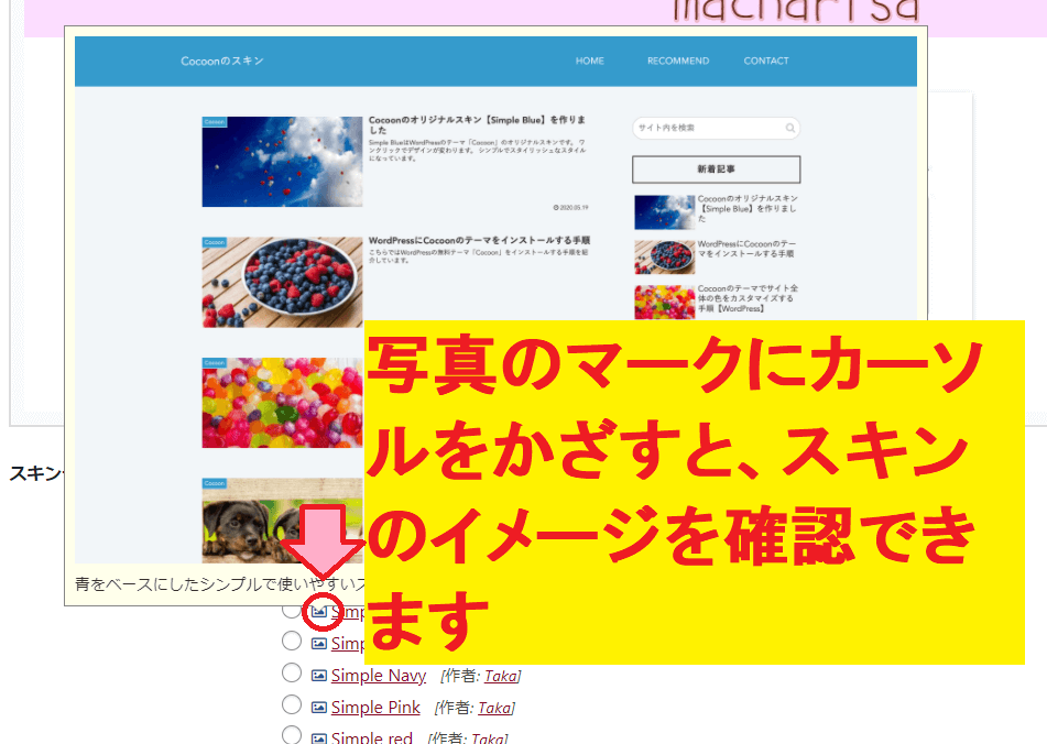 写真のマークにカーソルをかざすと、イメージを確認できます。
